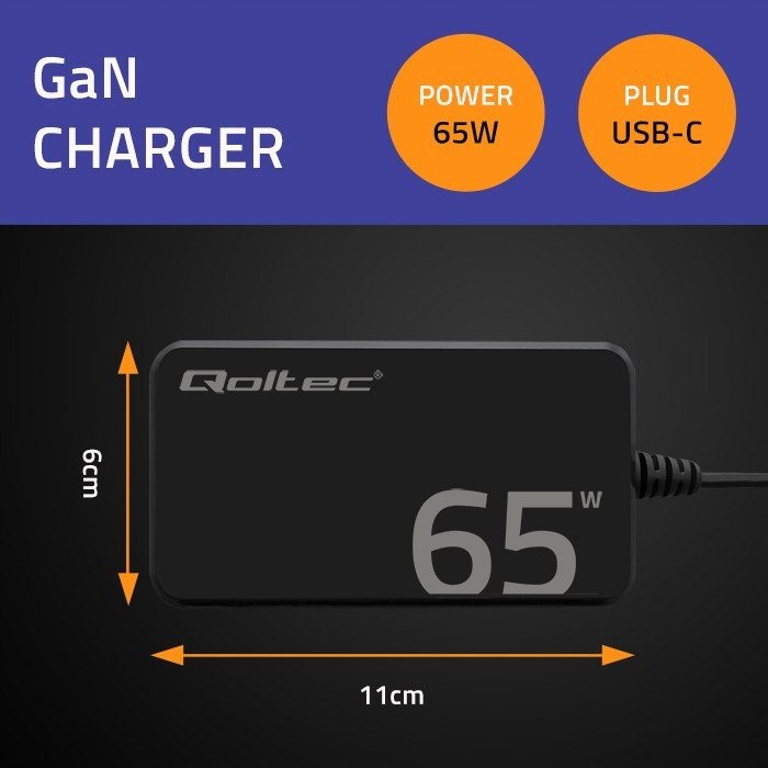 Karikues rrjeti Qoltec GaN Fast Slim D, 65W, USB C 3.1, i zi