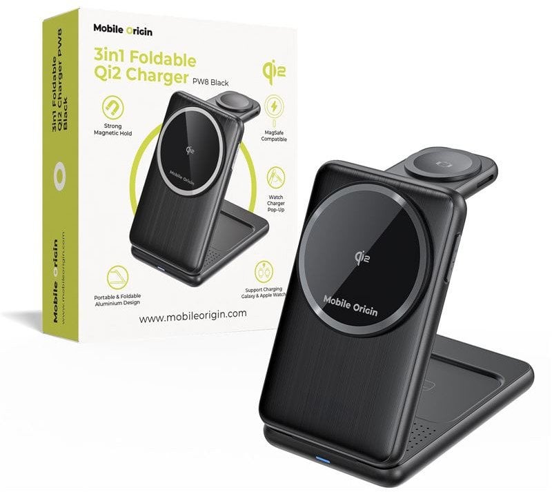 Karikues 3 në 1 Mobile Origin PW8, palosës, Qi2 MagSafe, i zi