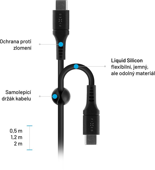Kabllo karikimi dhe për të dhëna FIXED Liquid silicone USB-C - USB-C, USB 2.0, PD 60W, 0.5m, e zezë