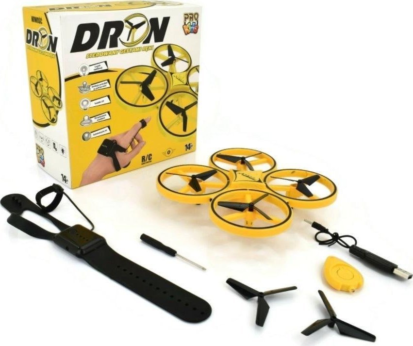 Dron lodër Pro Kids, kontroll me dorë, me byzylyk R/C, i verdhë