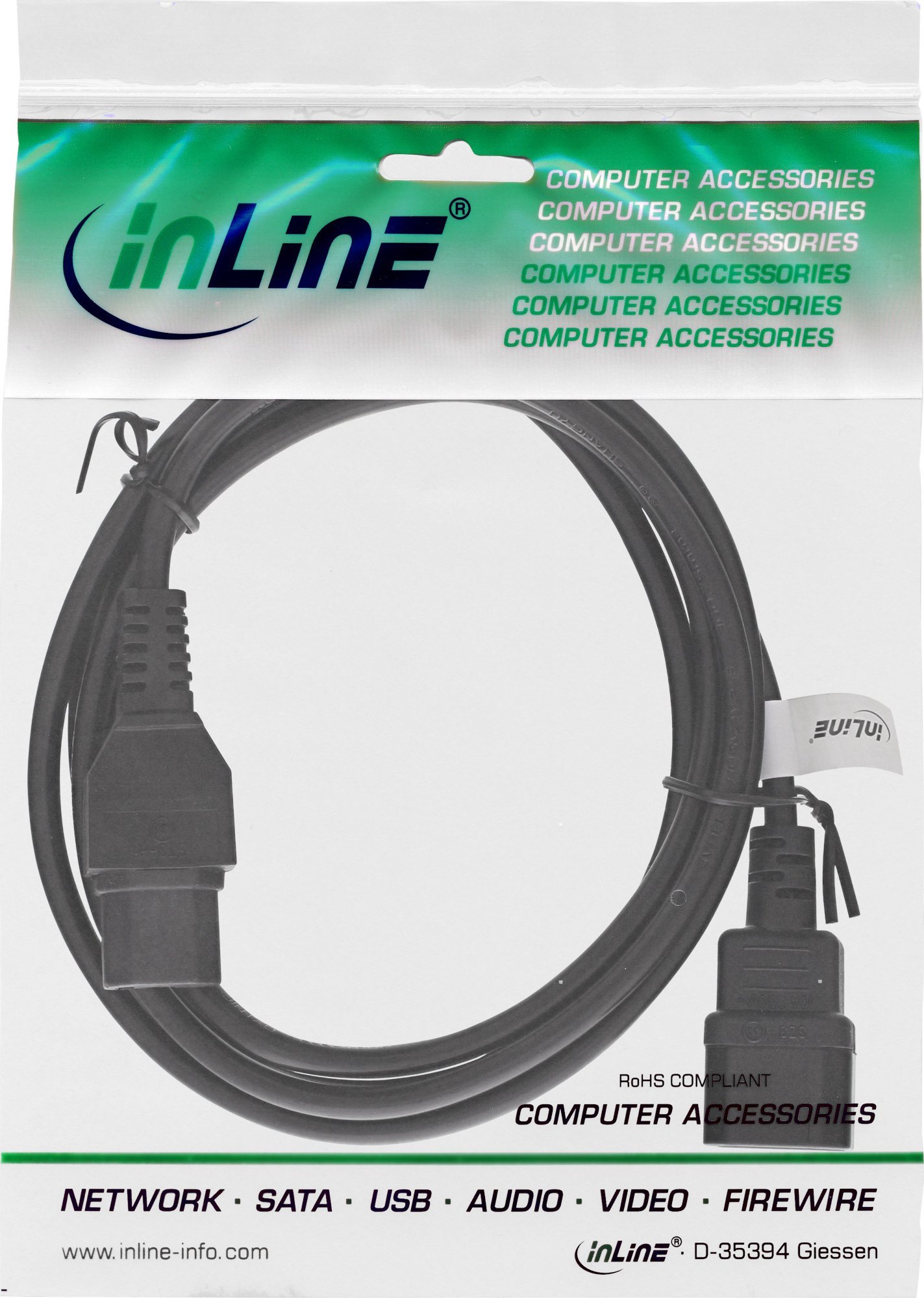 Kabëll zgjatues energjie InLine, IEC C15 në IEC C14, 3m, i zi
