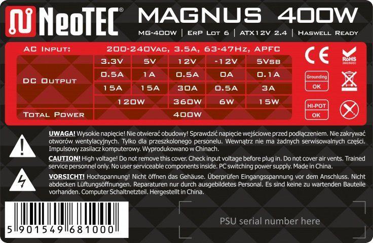 Burim energjie NeoTec Magnus MG-400W ATX, 400W