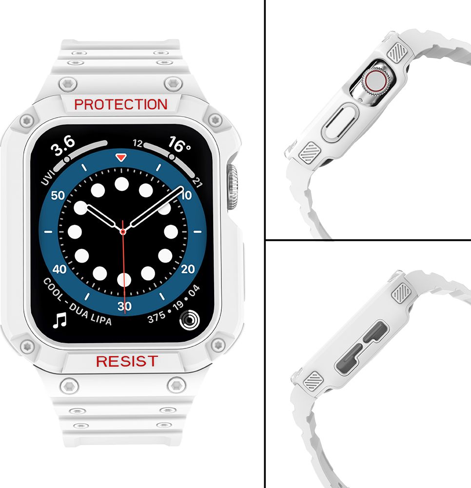 Rrip ore me kasë mbrojtëse Hurtel Protect Strap Band për Apple Watch 7 6 5 4 3 2 SE, 45 44 42mm, i bardhë