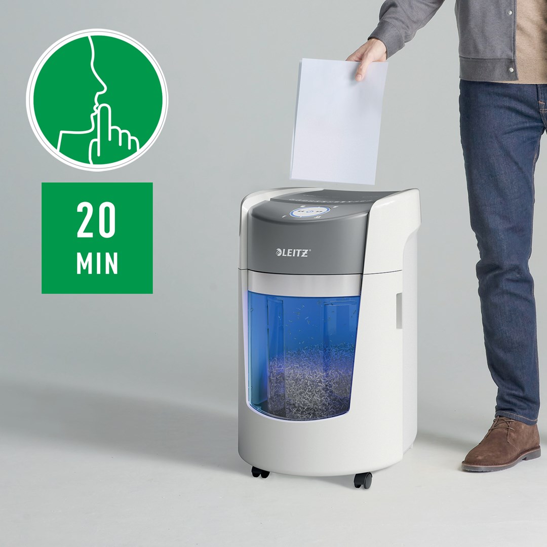 Shkatërrues dokumentesh Leitz IQ Optimax Small, kosh 22L, kapacitet 350 fletë A4, i bardhë gri