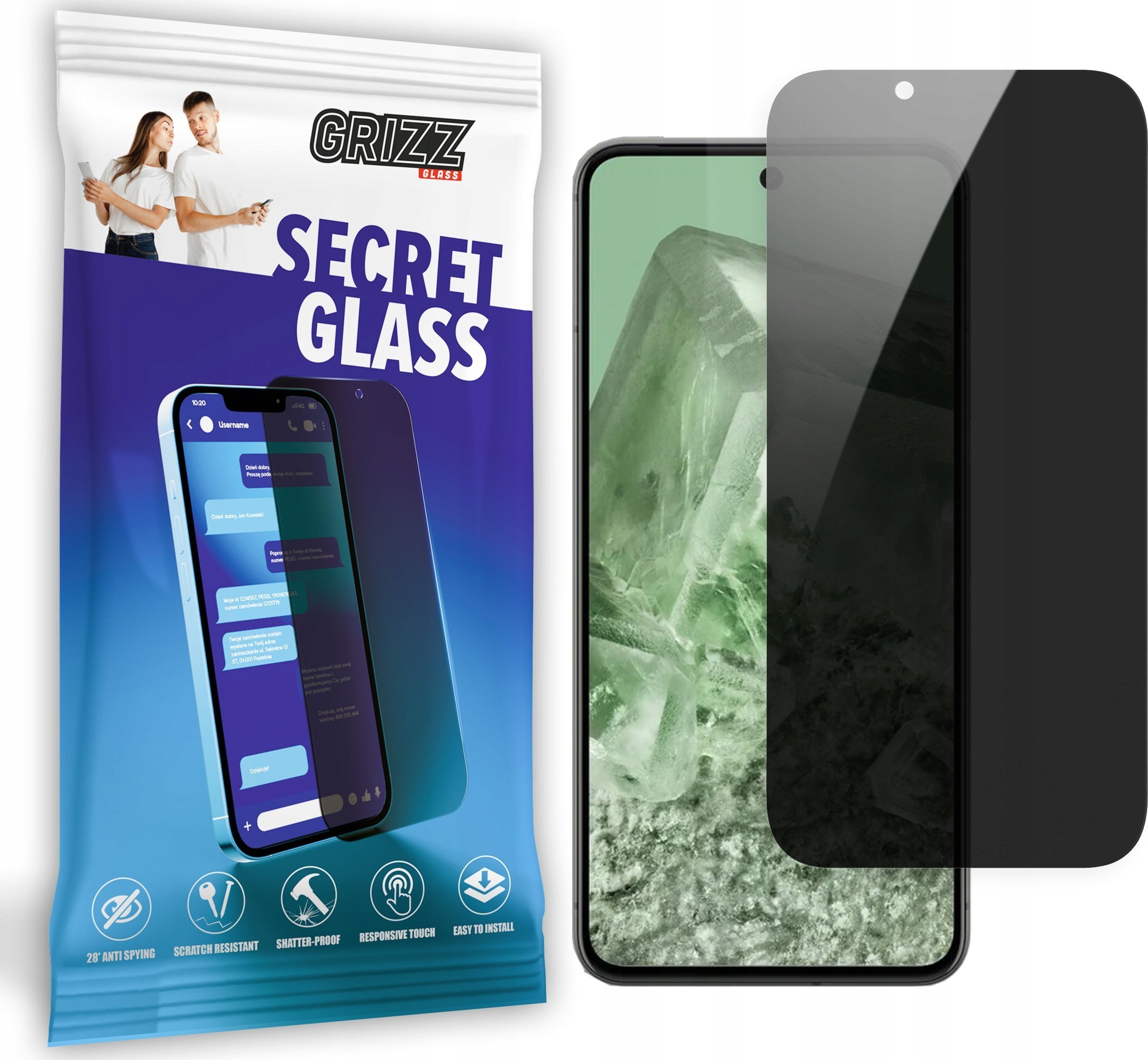 Xham mbrojtës GrizzGlass Matte SecretGlass për Google Pixel 8, efekt privatësie, i zi