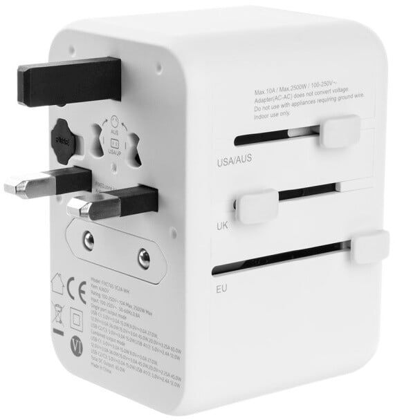 Përshtatës udhëtimi FIXED për EU, UK dhe USA/AUS, 3xUSB-C, 2xUSB-A, GaN, PD 65W, i bardhë