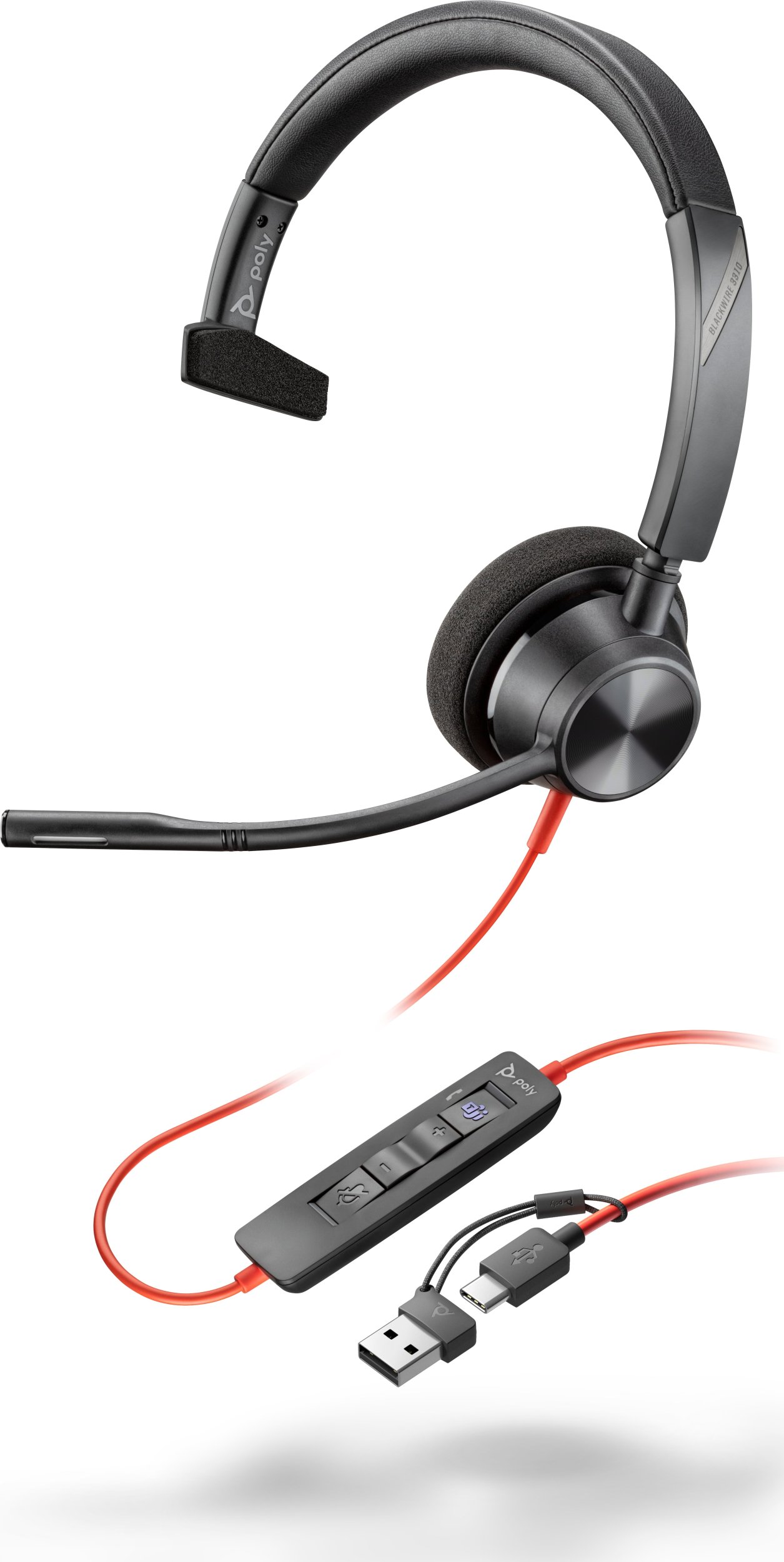 Headset Poly Blackwire 3310, Microsoft Teams, USB me adapter USB C, i zi