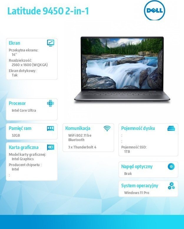 Laptop Dell Latitude 9450, 14", CPU Core Ultra u7-165U, 32GB RAM, 1TB SSD