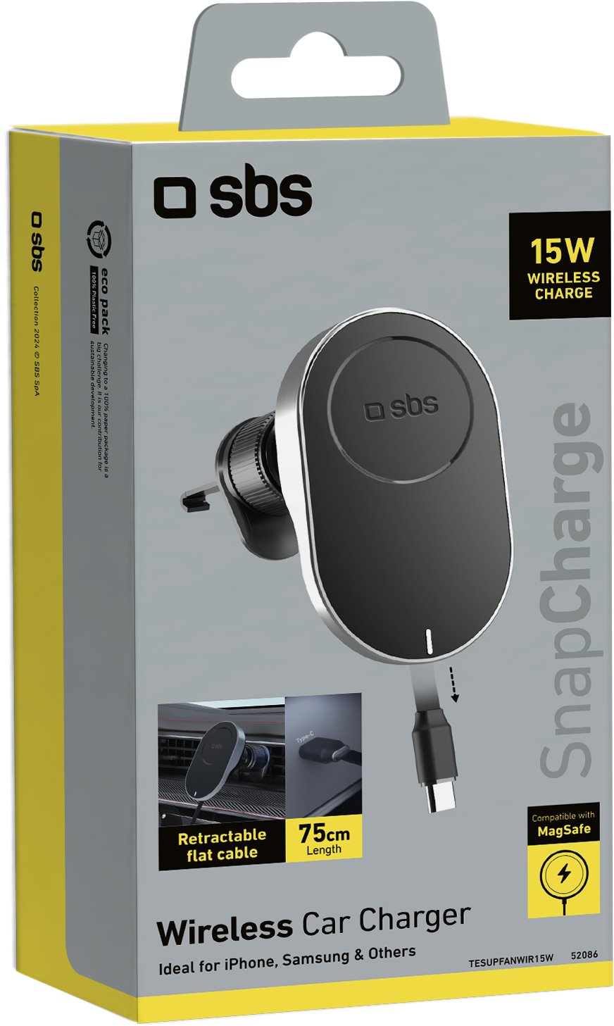 Mbajtëse telefoni për makinë SBS TESUPP15WRETRACABL, karikues wireless 15W, MagSafe, e zezë