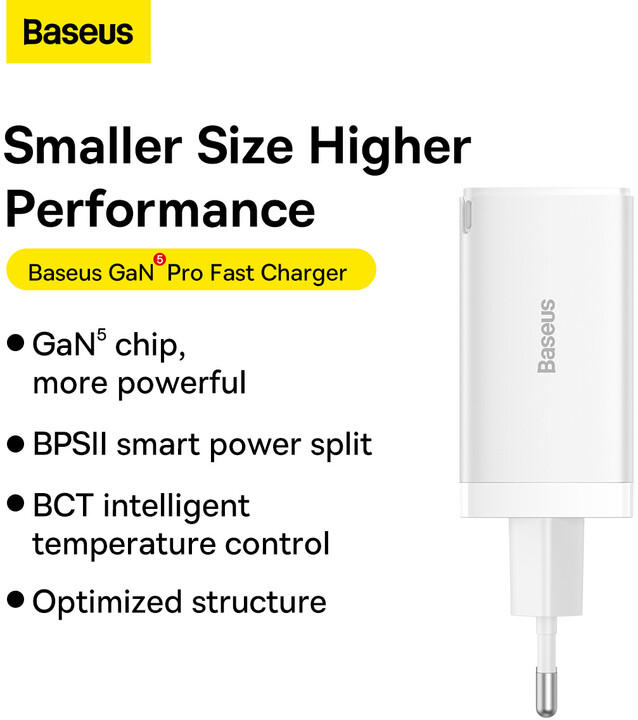 Karikues Baseus GaN5 Pro, 2x USB-C, USB-A, 65W, i bardhë