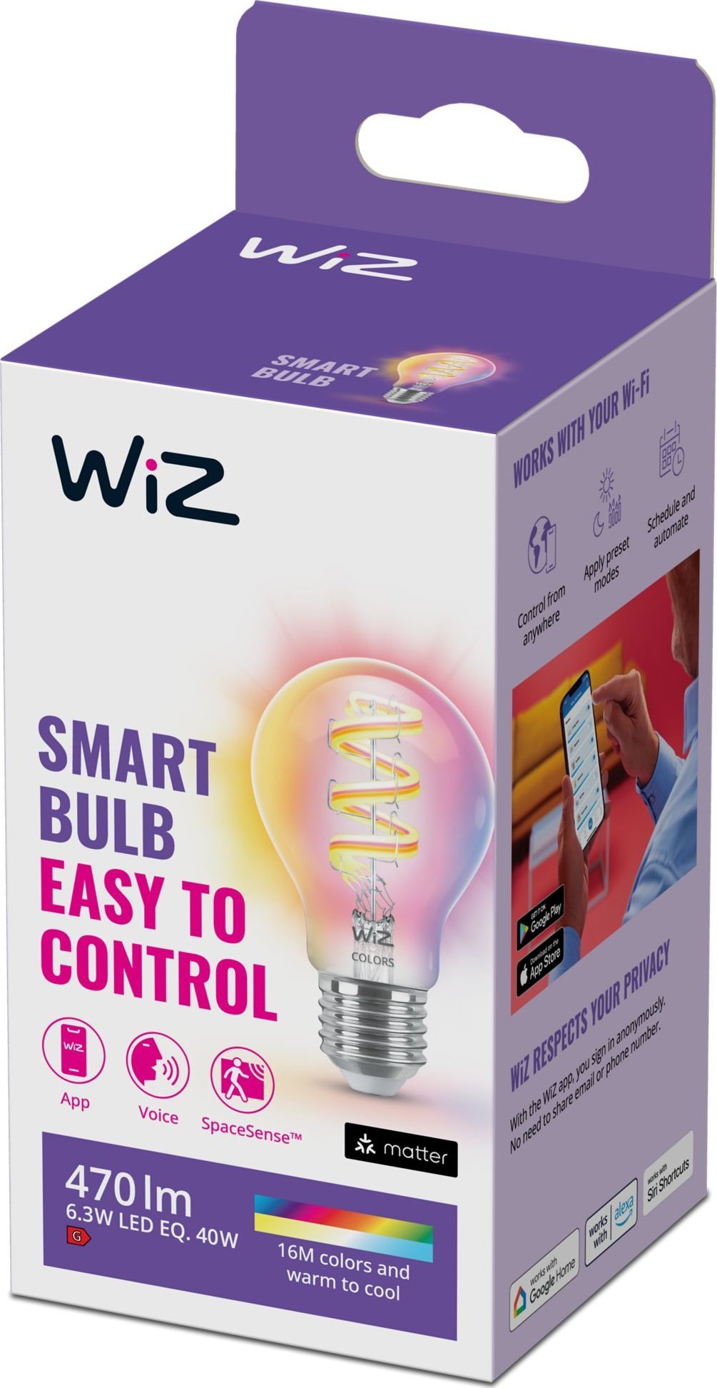 Llambë smart WiZ Filament A60, 40W, E27, RGB, e tejdukshme