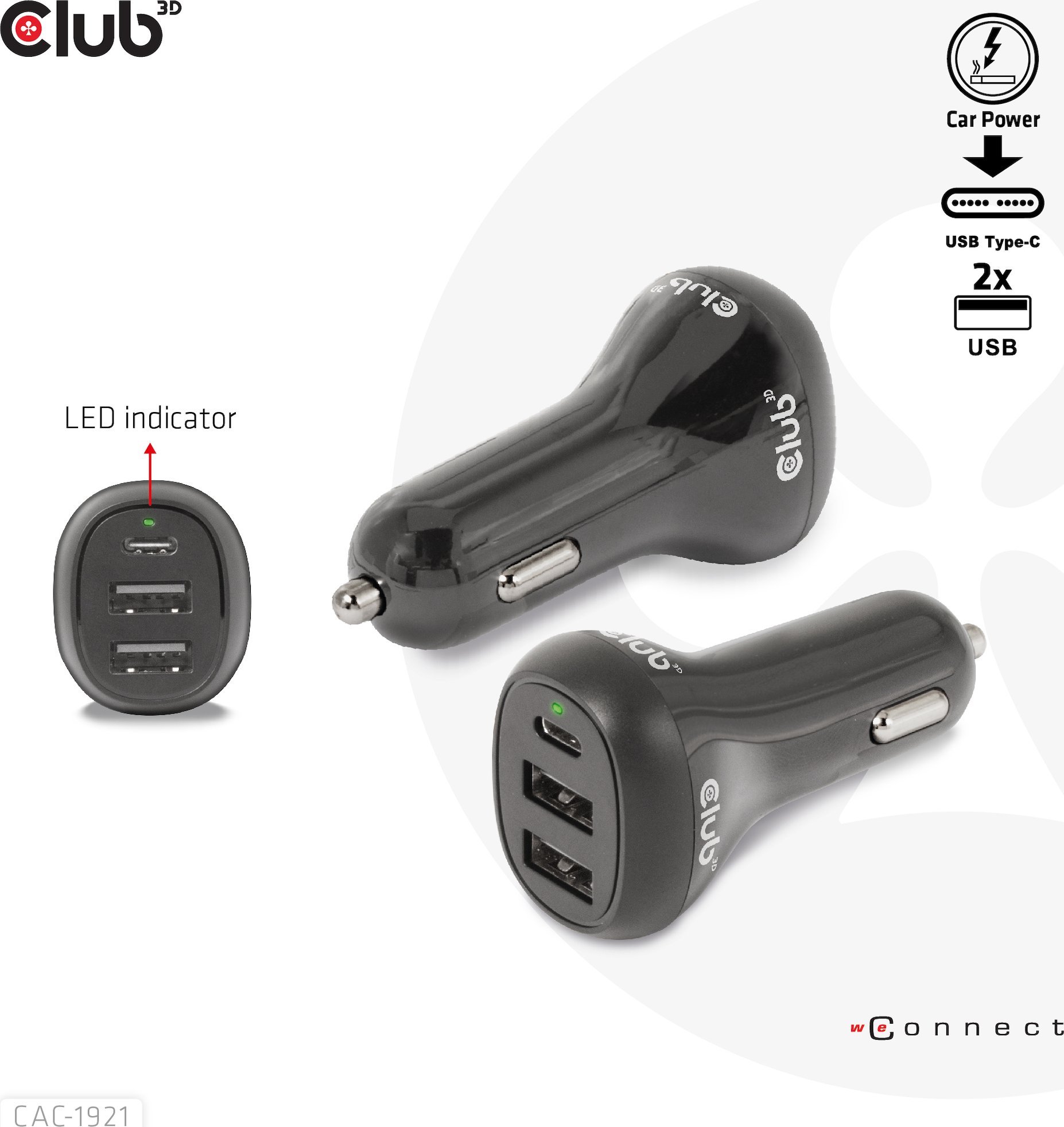 Karikues veture Club3D Car Charger, 36W, 3 porta USB, i zi