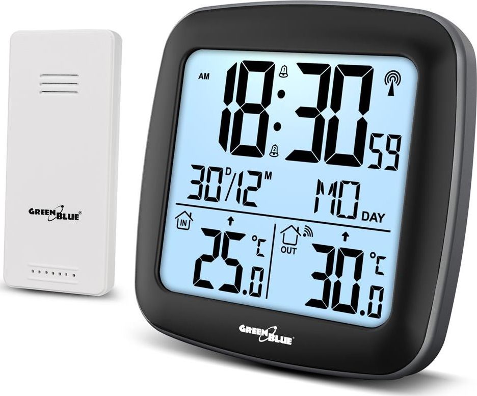Stacion moti GreenBlue GB542, sensor i jashtëm pa tela, orë radio DCF, i zi