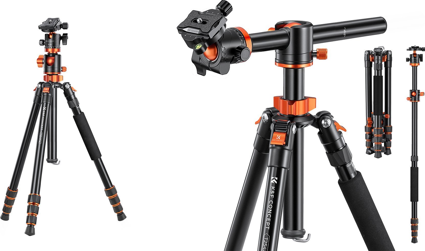 Tripod fotografik K&amp;F Concept T254A4+BH-28L, aliazh alumini dhe magnezi, konvertueshëm në monopod, portokalli metalik