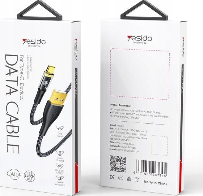 Kабел за полнење Yesido CA104, USB Type C, 1.2m, 18W, црна боја