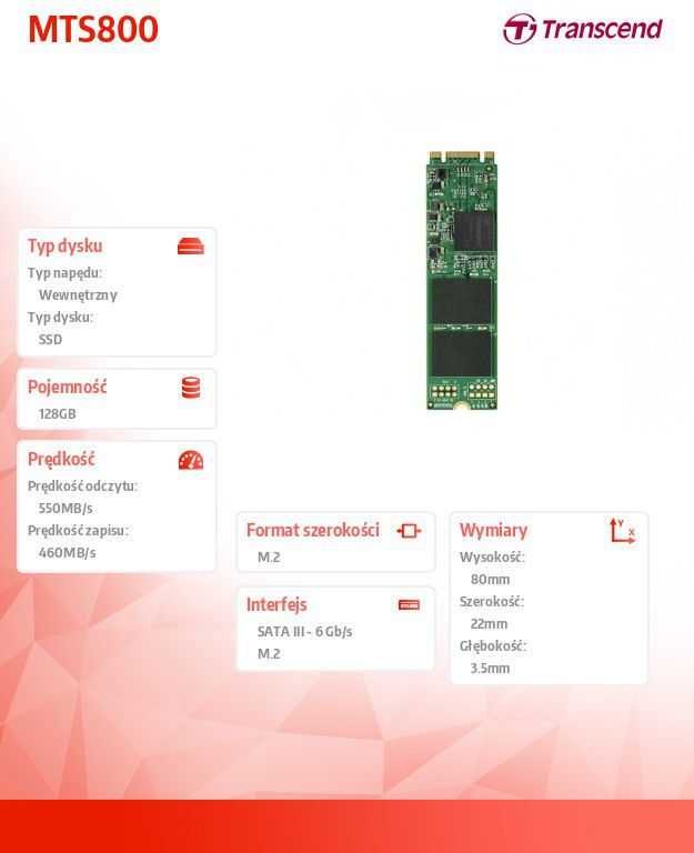 SSD M.2 Transcend MTS800, 128GB, SATA 3, MLC