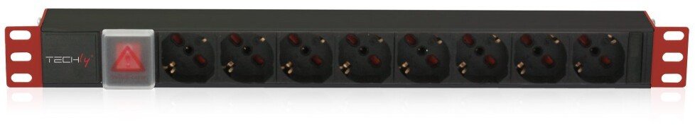 PDU rack 19" 1U Techly, 8 dalje, çelës me ndriçim, i zi