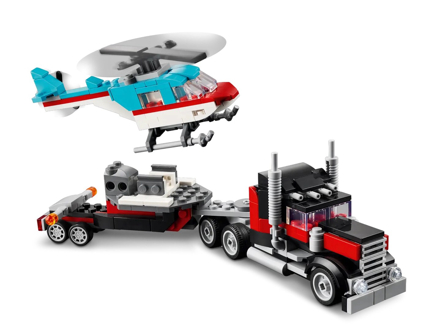 Set LEGO Creator 3 in 1 Flatbed Truck with Helicopter 31146, kamion dhe helikopter, shumëngjyrësh