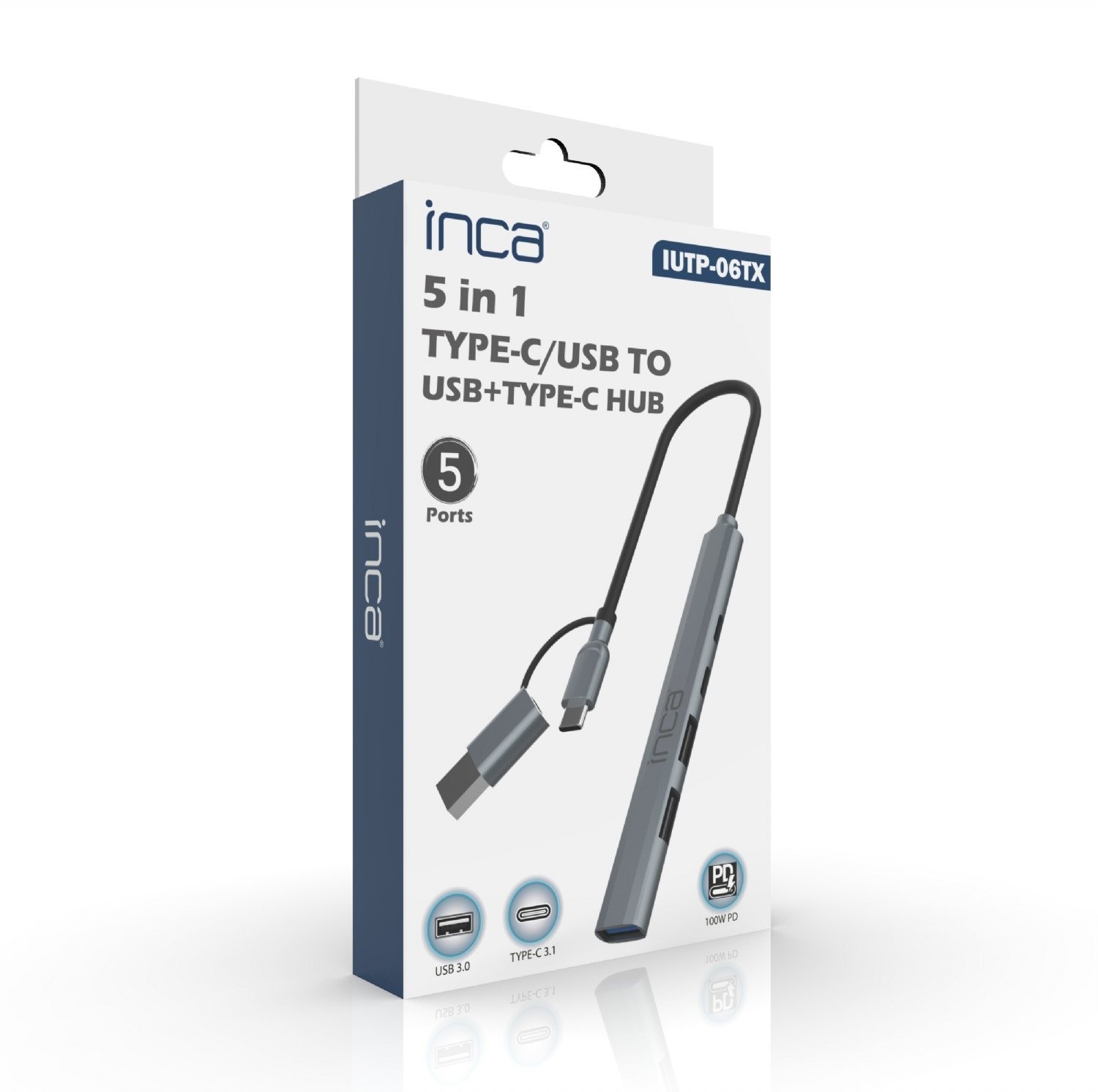 Adapter USB Hub Inca IUTP-06TX, 5 porta, 100W, gri