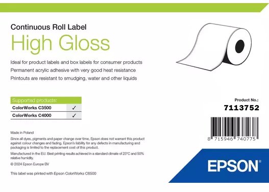 Rrotull etiketash Epson High Gloss 7113752, 51mm x 33m, letër me shkëlqim, e bardhë