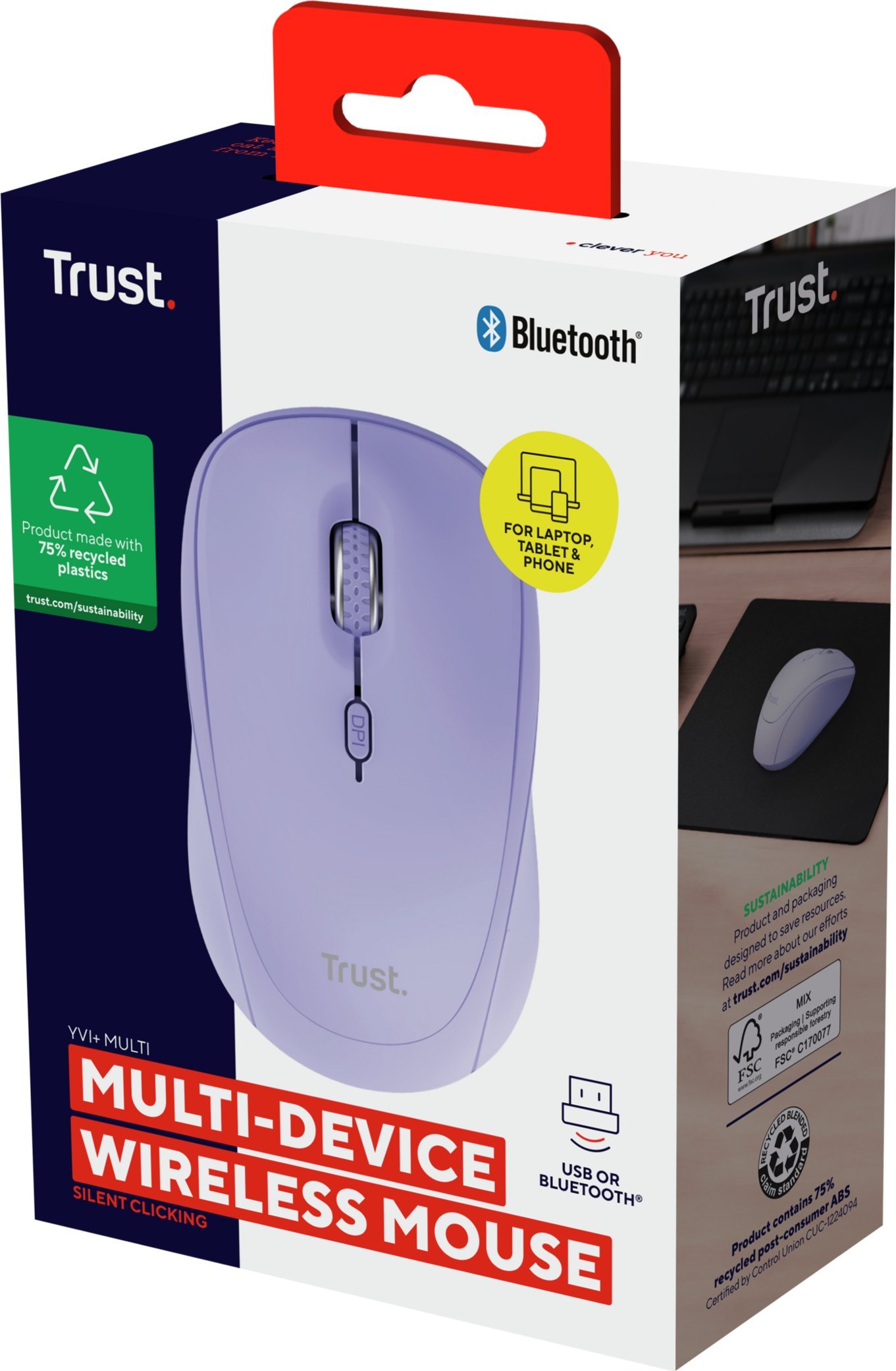 Maus pa kabllo Trust Yvi Plus, optik 1600 DPI, RF dhe Bluetooth, vjollcë