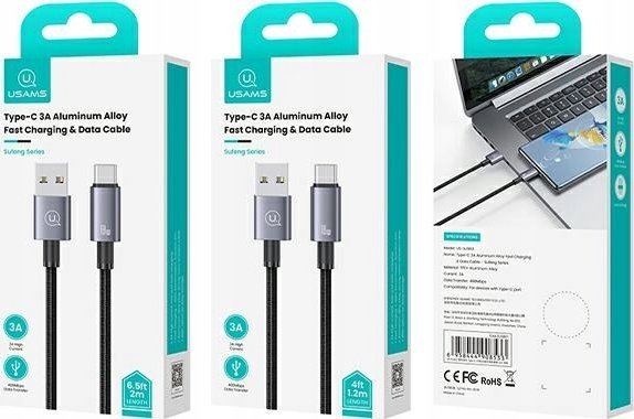 Kabllo USB në USB C Usams SJ663USB01, 3A, 1.2m, çelik tarnish