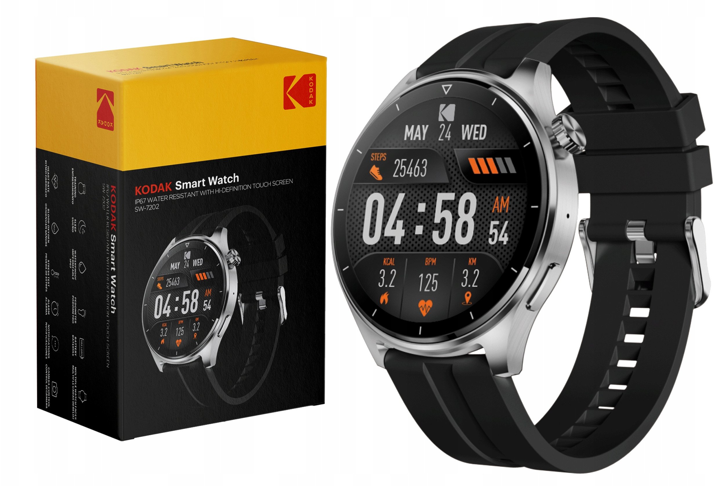 Ora inteligjente Kodak SW-7202, 1.45", Bluetooth, argjendtë me rrip të zi