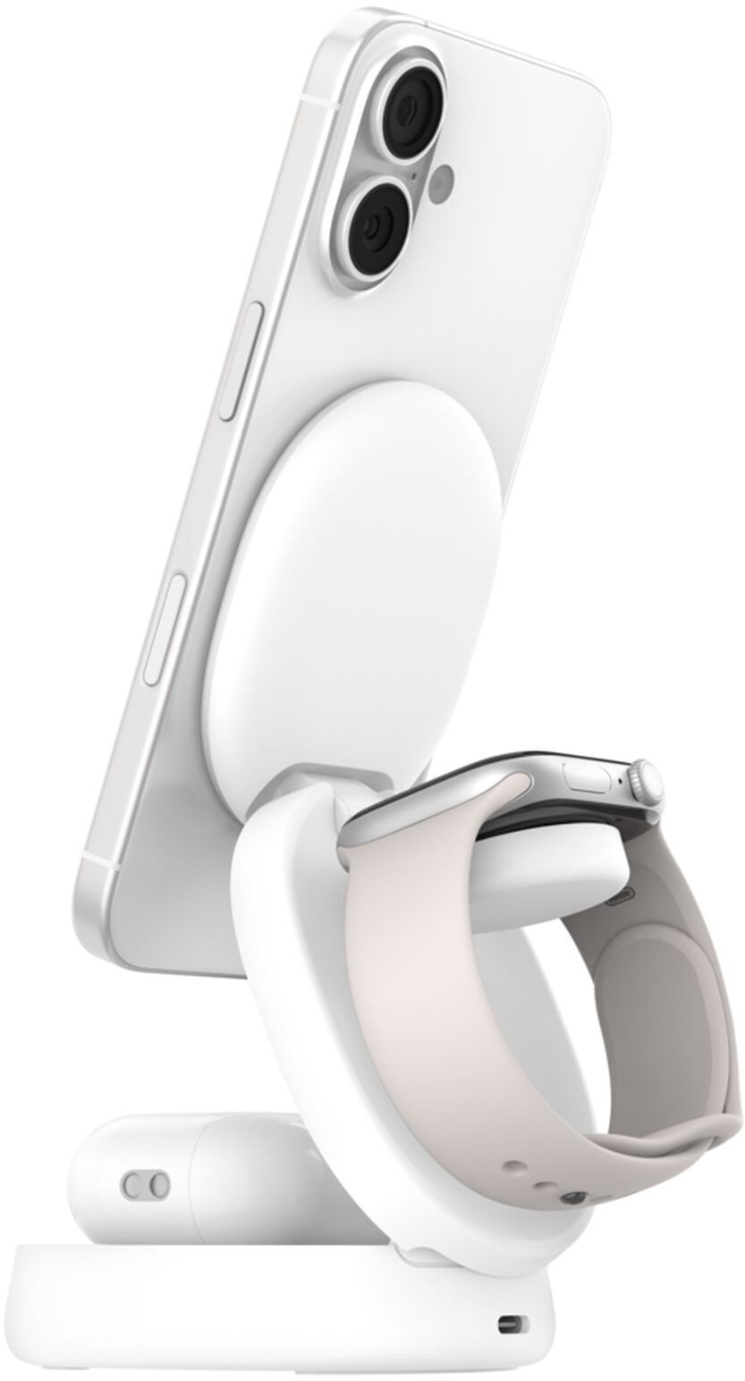Stacion karikimi Belkin Foldable Magnetic 3 in 1, Qi2 dhe MagSafe, pa tela, i bardhë