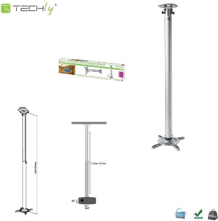 Mbajtëse tavani për projektor TECHly ICA PM 104XL, rregullueshme 110 197cm, deri 15kg, argjendi