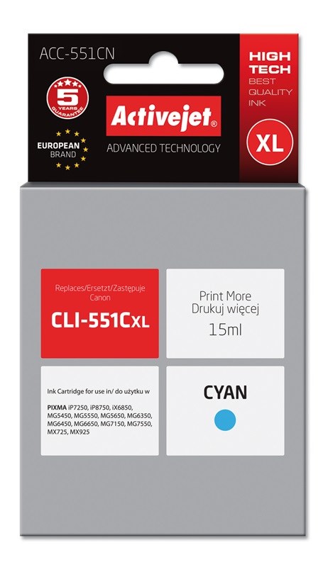 Ngjyrë për printer Activejet ACC-551CN (zëvendësim për Canon CLI-551C), 15 ml, e kaltër