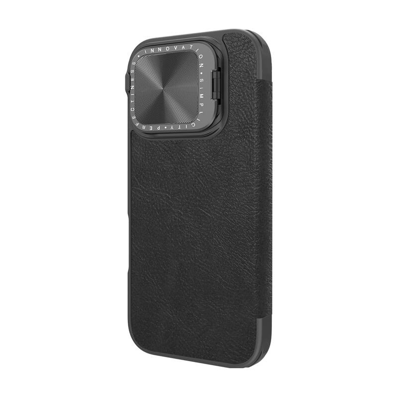 Mbulesë telefoni Nillkin Leather për iPhone 16 Pro Max, flipcase lëkure, mbrojtje me kapak kamere, e zezë