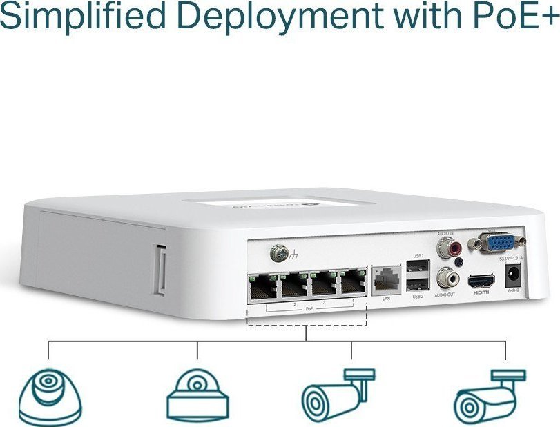 Video‑incizues rrjeti TP-Link VIGI NVR1104H 4P, 4 kanale PoE, 4K, i bardhë