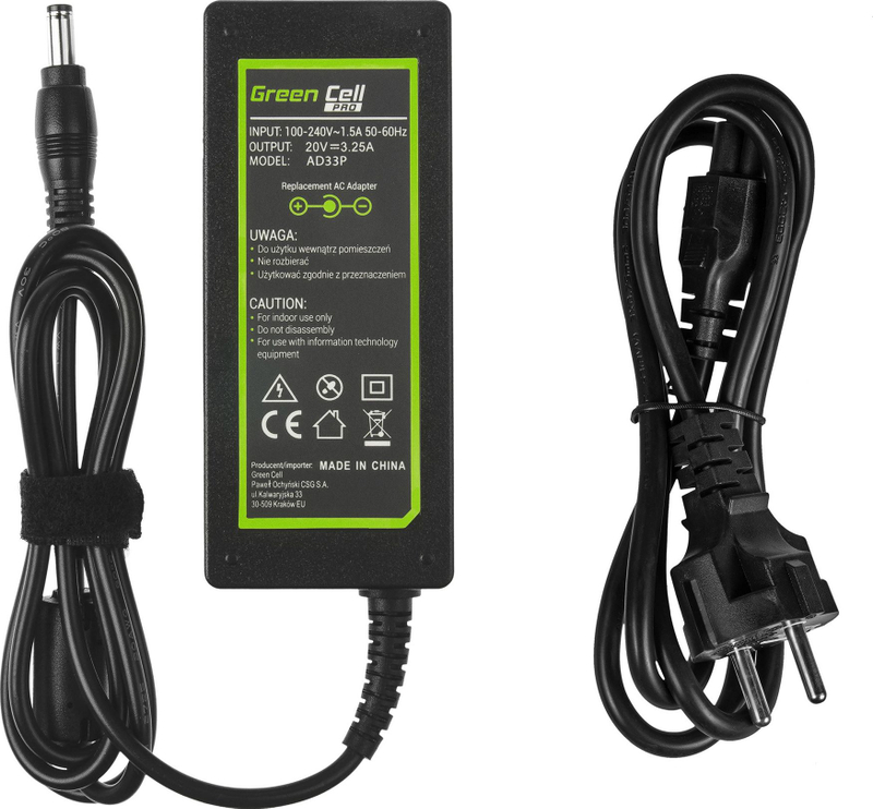 Karikues për laptop Green Cell 65 W, 2.5 mm, 3.2 A, 20 V