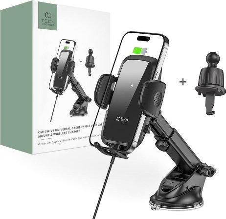 Mbajtëse telefoni për veturë Tech-Protect CM15W-V1, karikim wireless 15W, montim në pult dhe grilë, e zezë