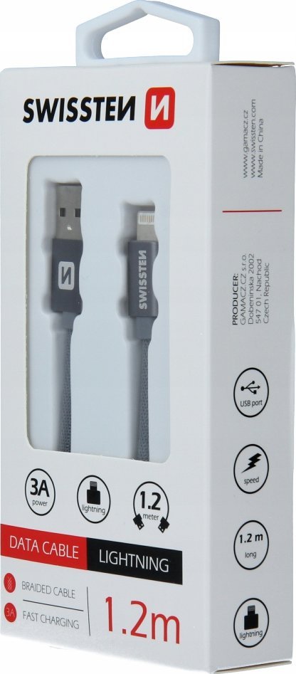 Kabllo karikimi Swissten Textile Fast Charge 3A Lightning, 1.2m, e hirtë