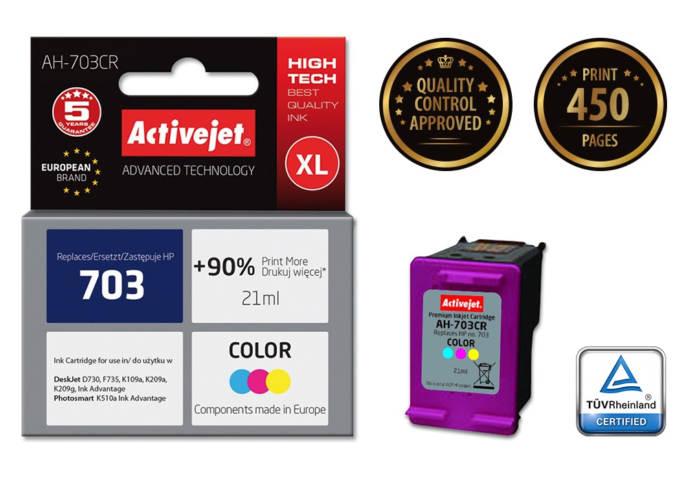 Ngjyrë për printer Activejet AH-703CR (zëvendësim për HP 703 CD888AE), 21 ml, e kaltër / vjollcë /  e verdhë