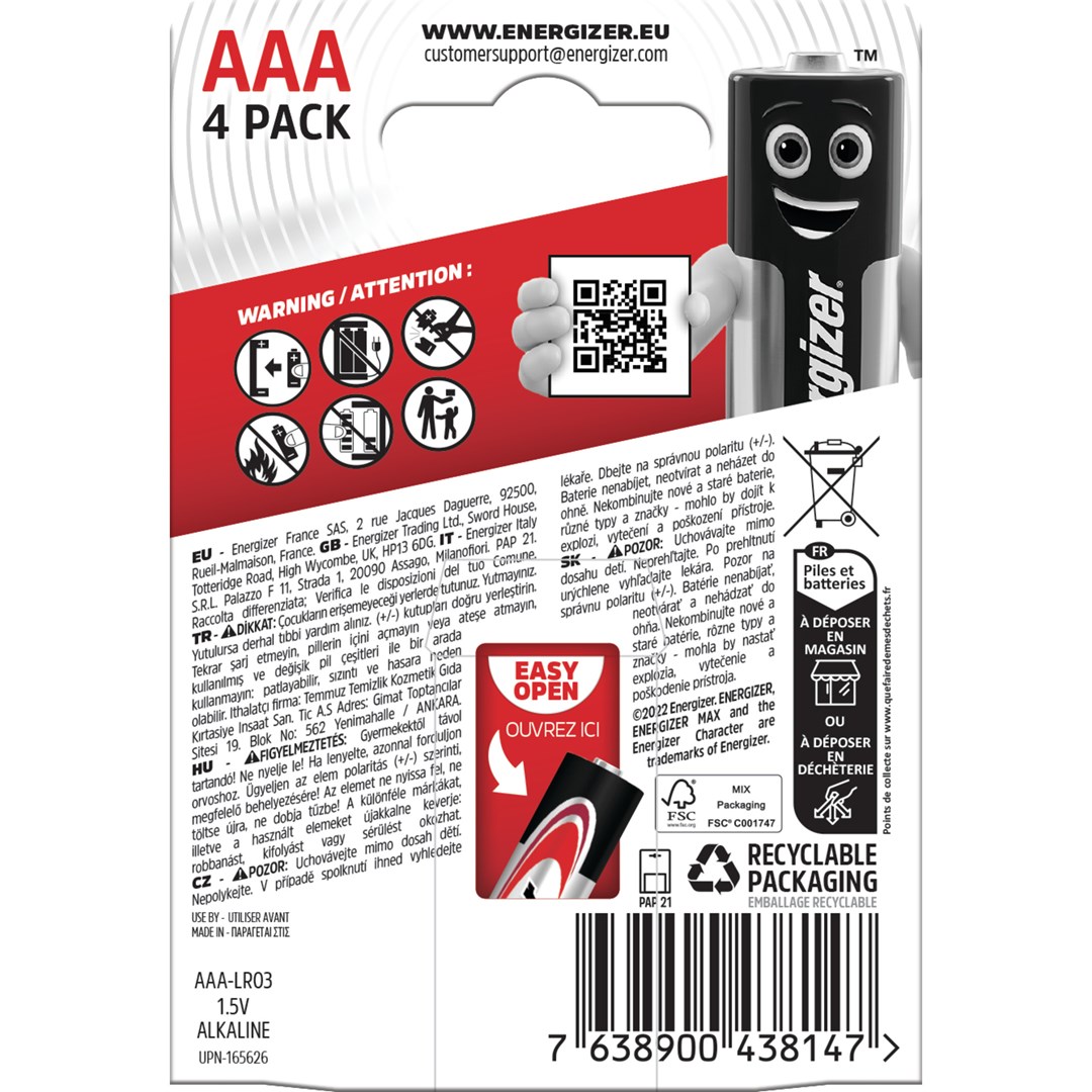 Bateri alkaline Energizer Max AAA, 1.5V, pako 4 copë