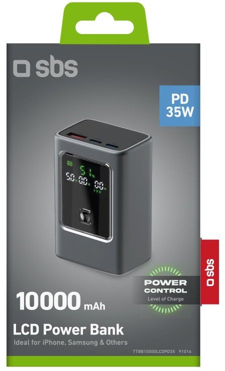 Power bank SBS PD, 10000 mAh, 35W, me ekran LCD, gri