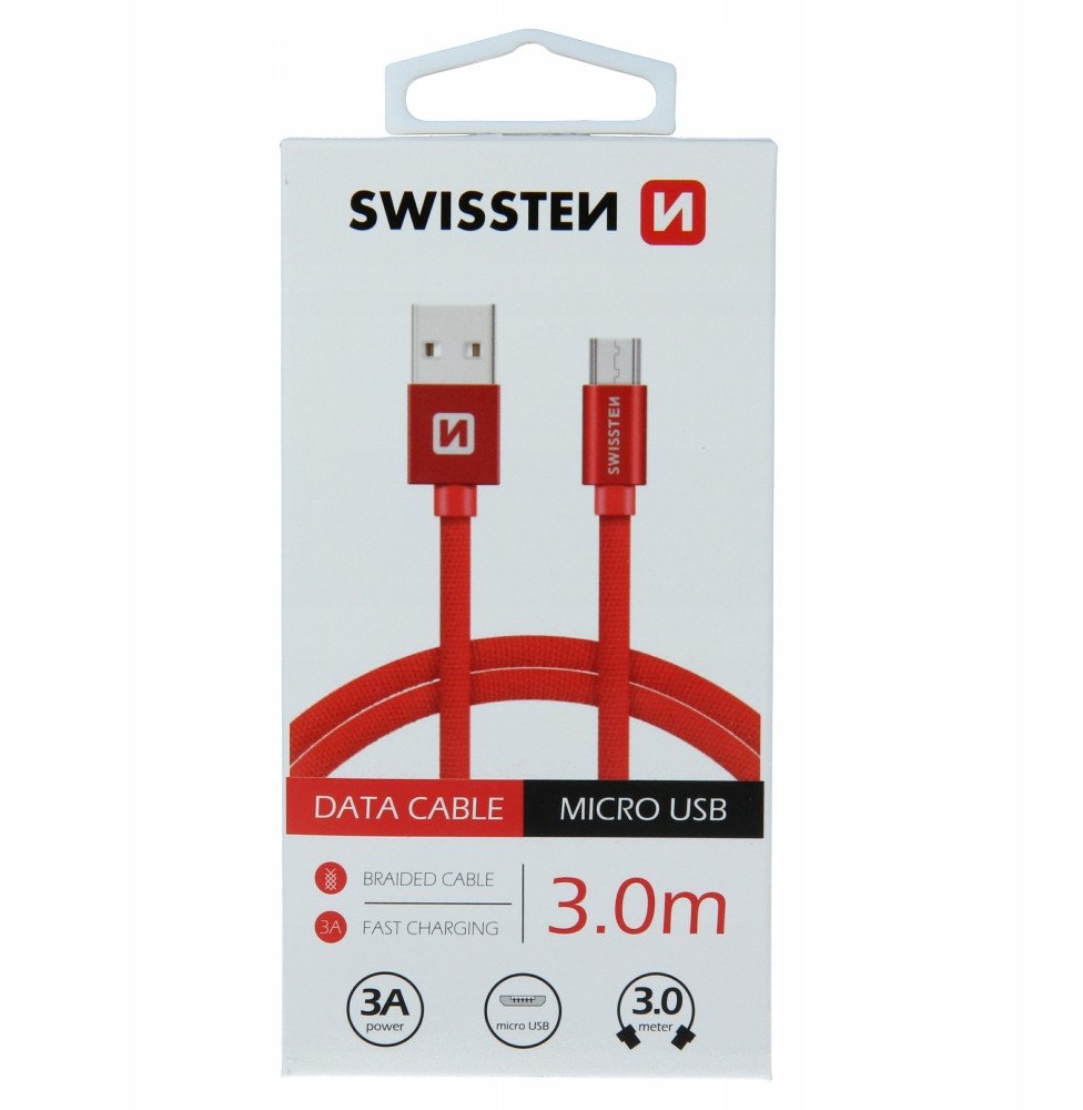 Kabllo USB Swissten Textile, Micro USB, 3m, 3A, e zezë