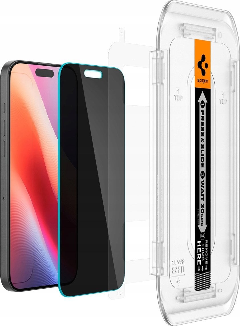 Xham mbrojtës Spigen Glass TR EZ Fit Privacy, 2 copë, për iPhone 16 Pro, transparent