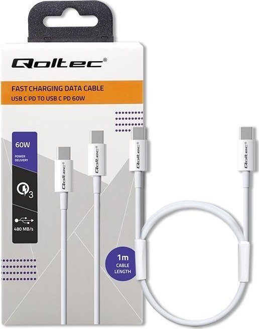 Kabllo USB Qoltec USB-C në USB-C, 1m, 3A, e bardhë