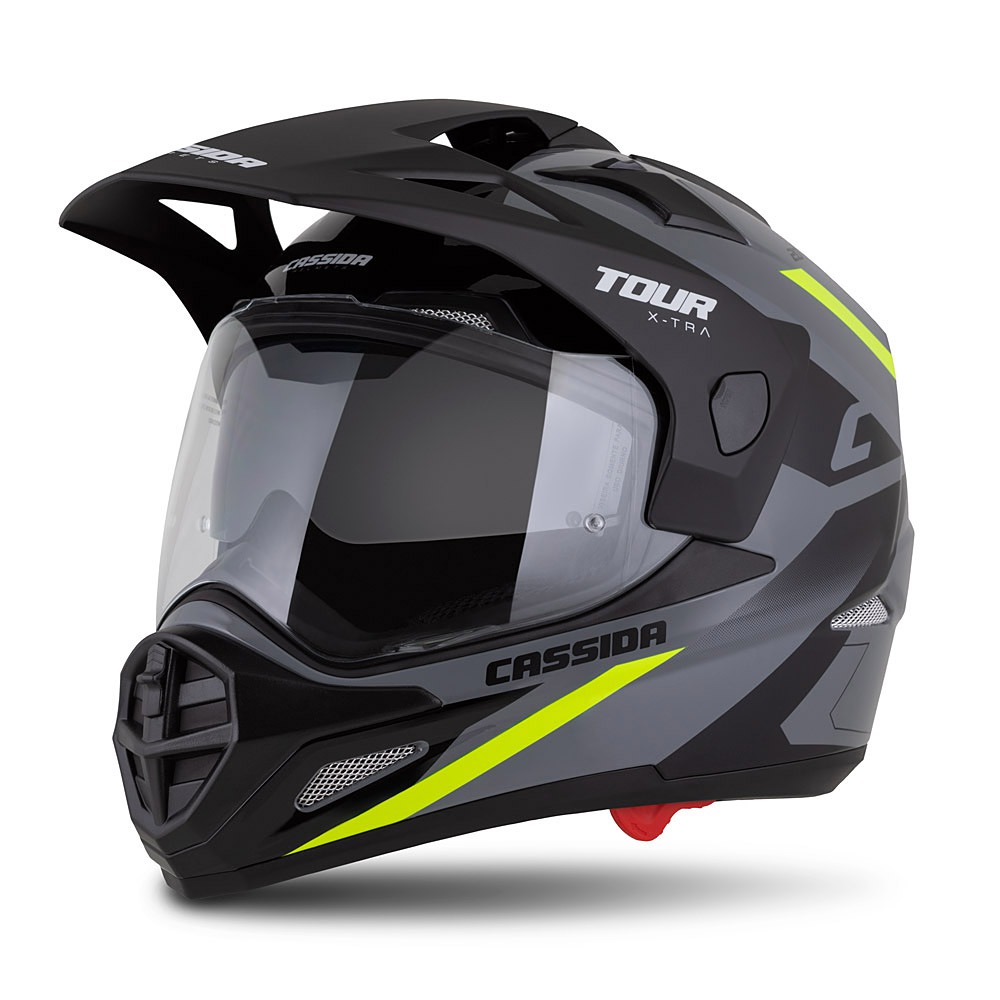 Helmetë moto Cassida Tour 2.0 X-tra, polikarbonat, vizor dielli, gri e verdhë fluo e zezë mat