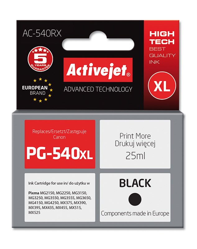 Ngjyrë për printer Activejet AC-540RX (zëvendësim për Canon PG-540XL), 25 ml, e zezë