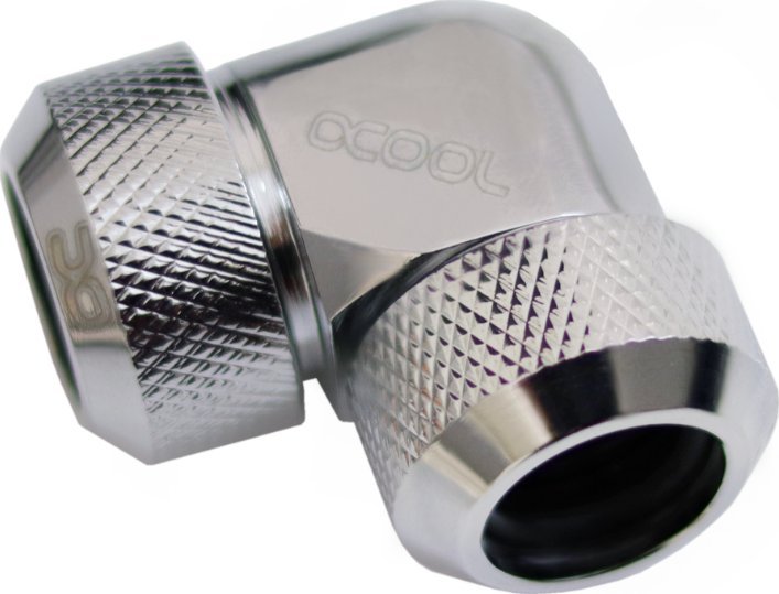 Lidhës 90° për tub ftohës Alphacool Eiszapfen, 13mm HardTube, akrilik për tuba bronzi, krom