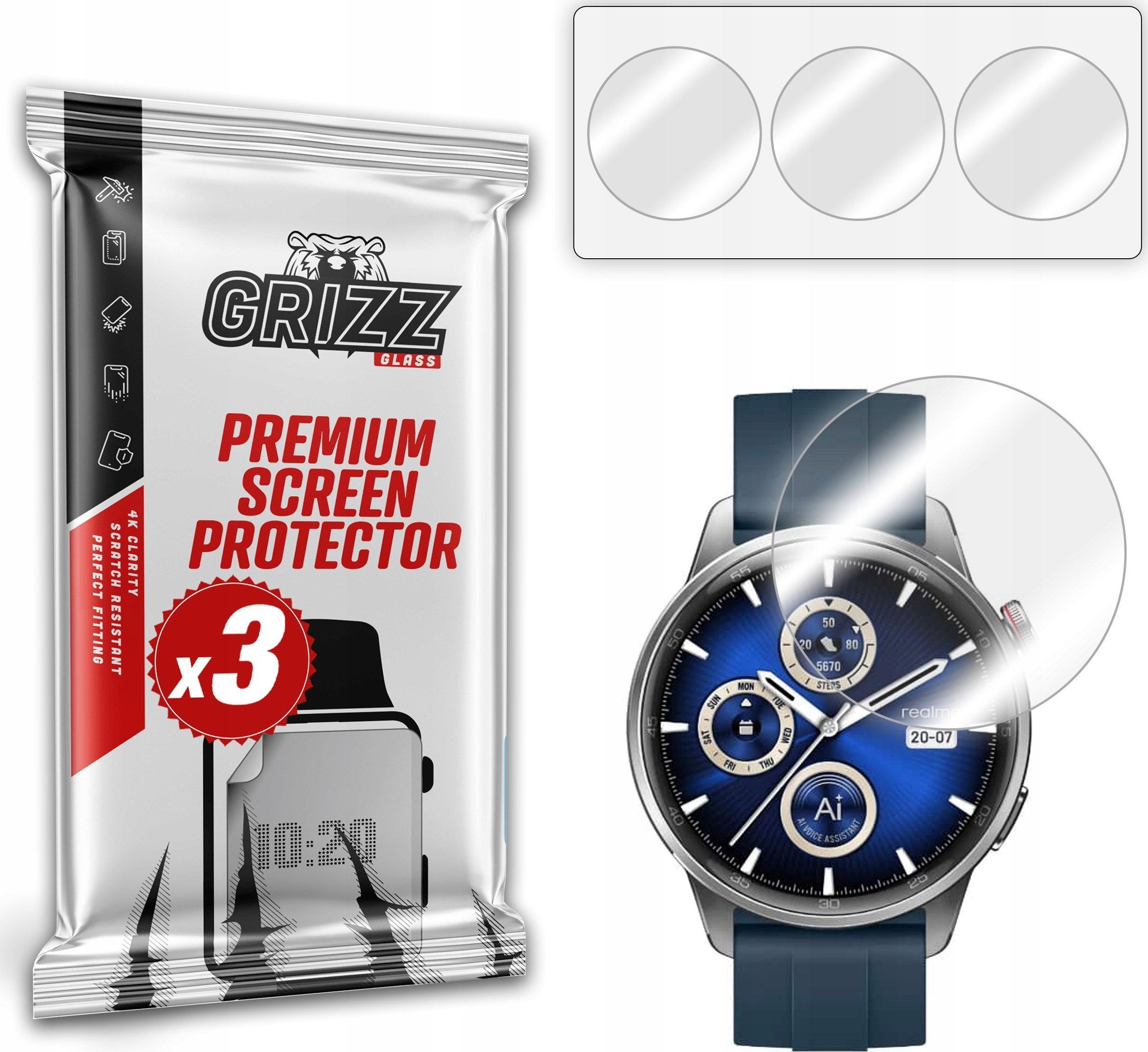 Folie mbrojtëse GrizzProtector për Realme Watch S2, 3 copë, hydrogel, transparente