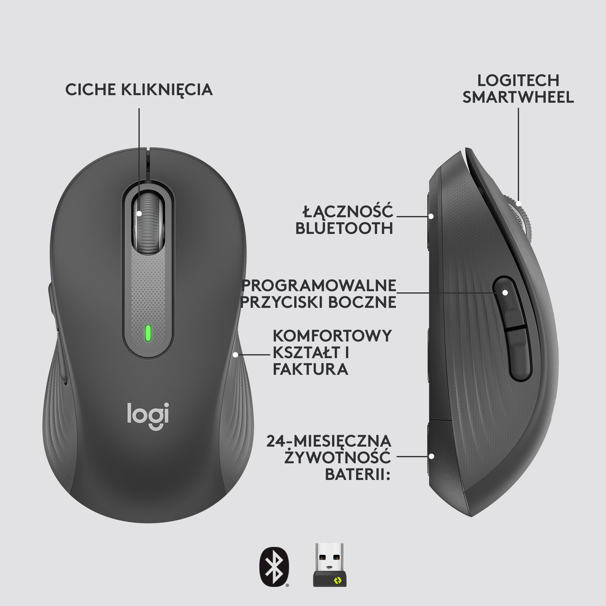 Maus Logitech M650, pa tela, optik, gri grafit
