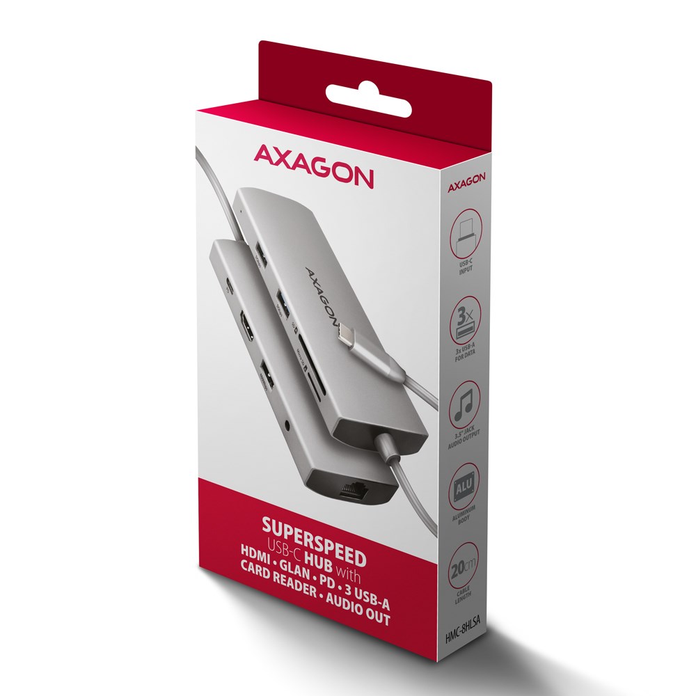 Stacion lidhës Axagon HMC-8HLSA, USB-C, 9-në-1, 4K@60Hz, i hirtë
