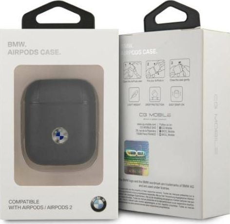 Mbulesë BMW Leather Signature Collection për AirPods 1/2, lëkurë PU, me logo metalike, e zezë
