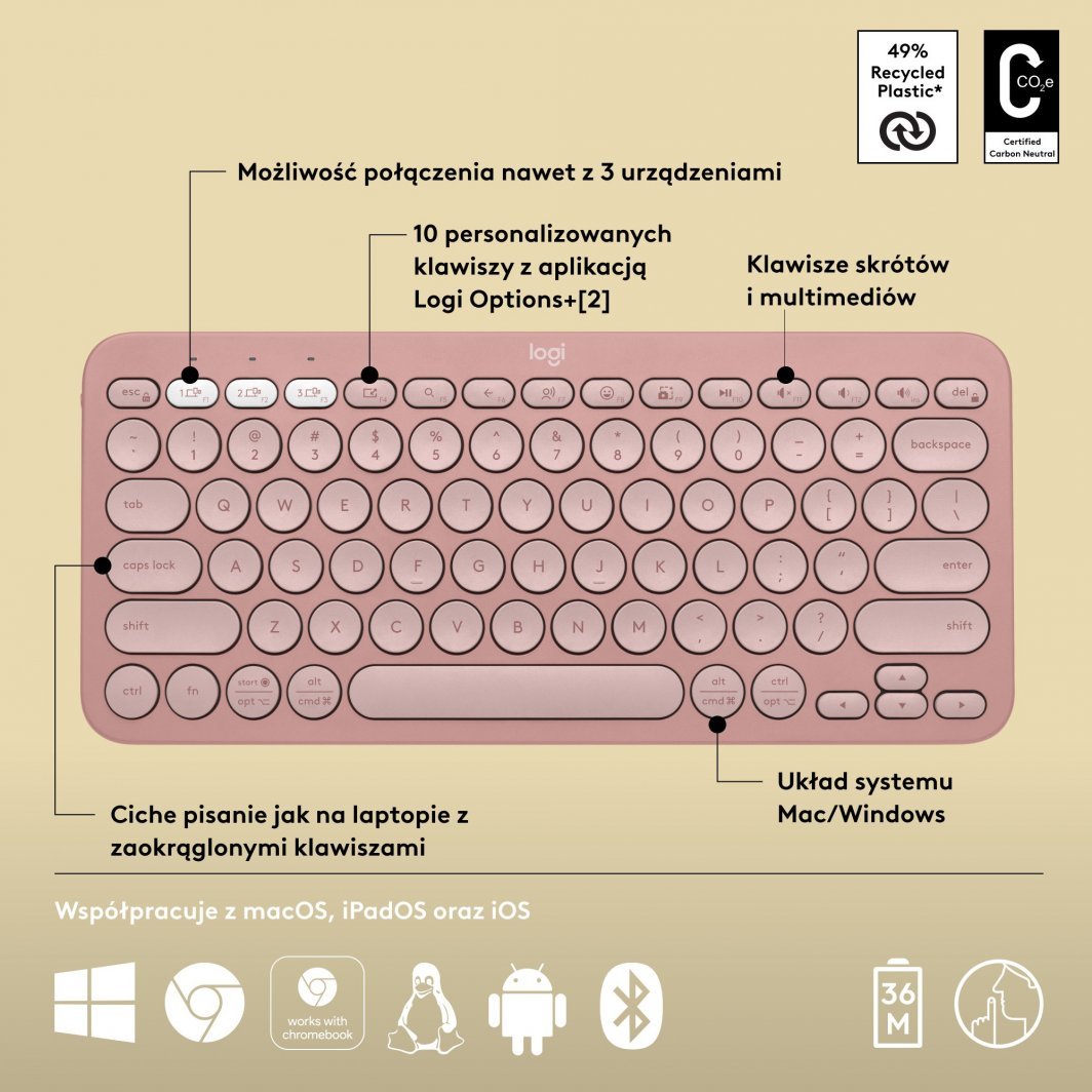 Tastierë Logitech Pebble, wireless, US INTL, rozë