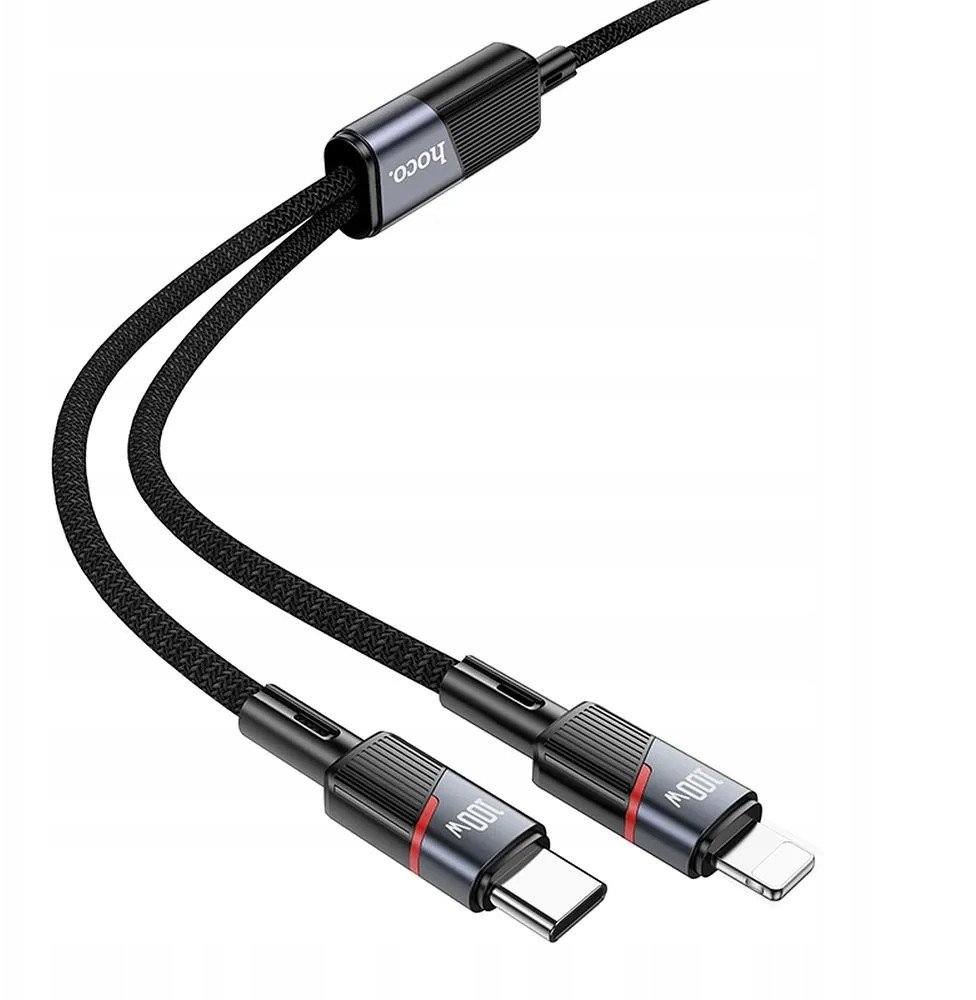 Кабел за полнење HOCO U139 2во1, USB C во Lightning USB C, 100W, 1.2m, црна